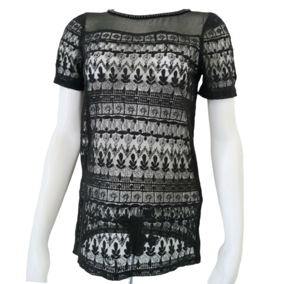 ZARA Black Crochet Lace Tee XS Beaded Neckline Sheer Mesh Nylon Punk Goth - Picture 12 of 14